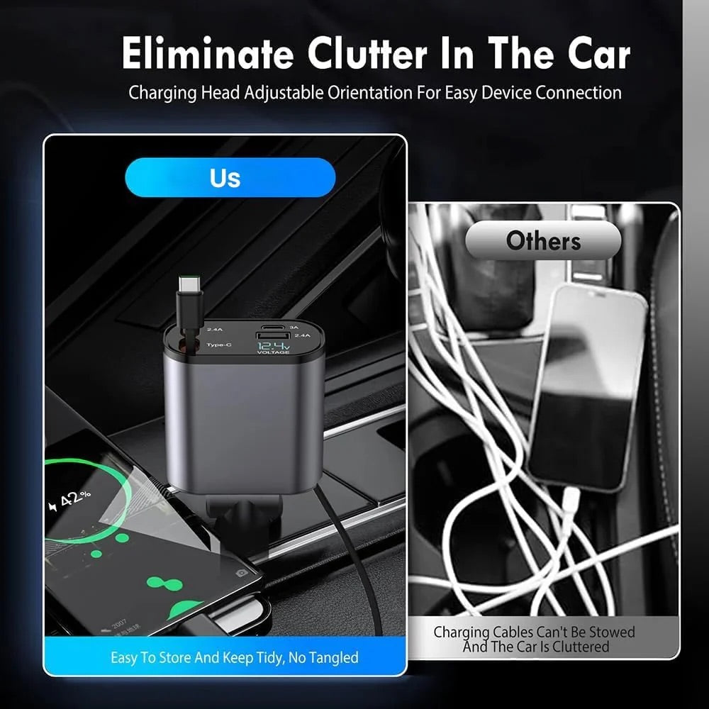 120W 4-in-1 Retractable Fast Car Charger | Type-C & iPhone Compatible